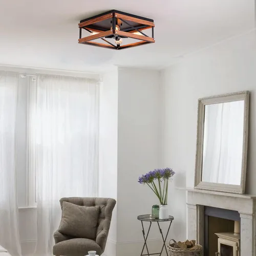 Vista 3 de Lámpara de techo rústica de 4 luces, de metal y madera, cuadrada, para pasillo, dormitorio, cocina, entrada, sala de estar, color negro