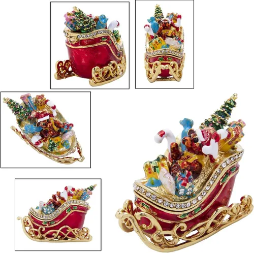 Vista 3 de YU FENG Caja de joyería de trineo de Navidad, caja de baratijas con bisagras coleccionables de diamantes de imitación pintados esmaltados esmaltados