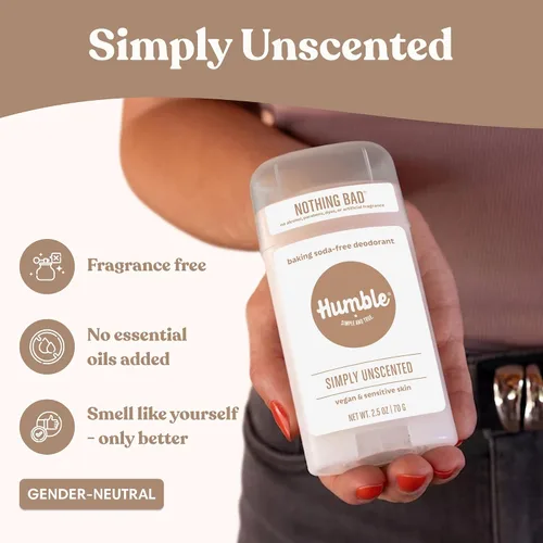 Vista 4 de HUMBLE BRANDS Desodorante sin aluminio, vegano y libre de crueldad, formulado para pieles sensibles, simplemente sin perfume, 2.5 onzas