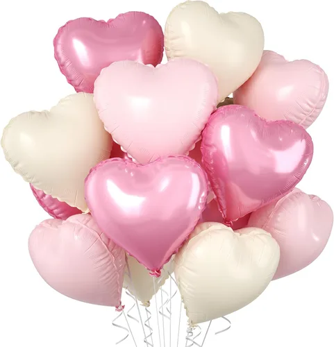 Vista 9 de Globos de corazón azul bebé, 10 piezas de globos en forma de corazón azul claro y blanco pastel, globos de papel de aluminio blanco arena crema