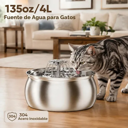 Vista 2 de Tomxcute Fuente de agua para gatos de acero inoxidable, fuente para gatos Plateado