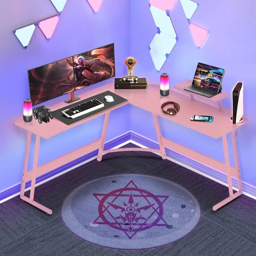 Vista 9 de Escritorio para juegos en forma de L con gran escritorio y espacio de almacenamiento, ideal para estudiar, trabajar y jugar, patas ajustables e Negro
