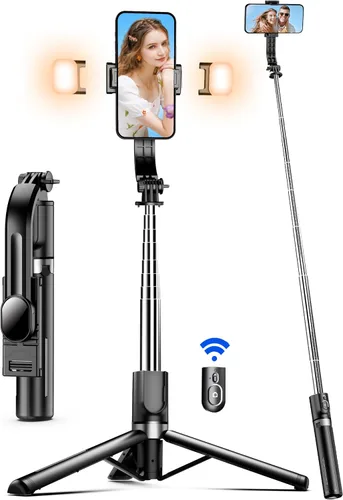 Vista 10 de Trípode para selfie stick de 41 pulgadas, extensible portátil 4 en 1, trípode de aluminio para teléfono con control remoto inalámbrico, rotación