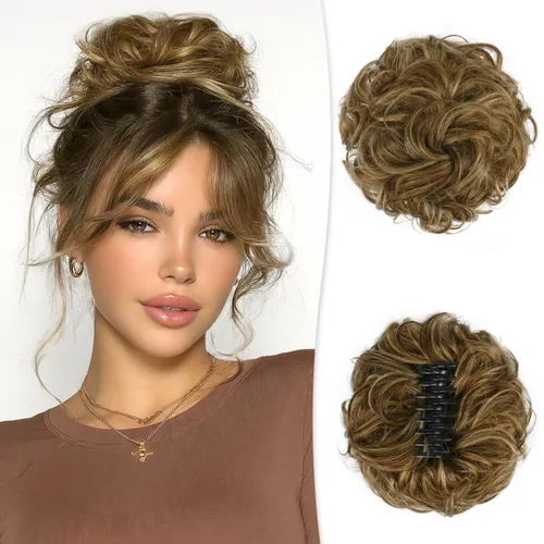 Vista 17 de RUWISS Extensiones de cabello humano real, ondulado y rizado, moño despeinado, cola de caballo para mujer (12H24# castaño rojo/rubio mediano)