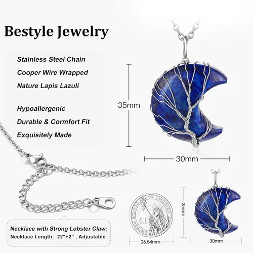 Vista 5 de Bestyle Collar de cristal curativo envuelto en árbol de la vida colgante de piedra natal de 12 meses para parrillas de mujer joyería de piedras