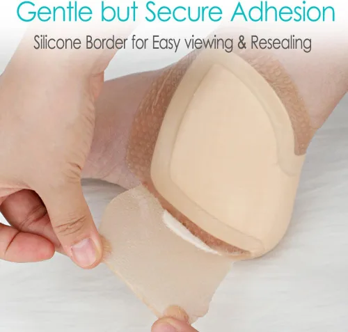 Vista 4 de Apósito de espuma de silicona con borde para talón, vendajes sacrales adhesivos impermeables con acolchado absorbente para codo, muñeca, pie
