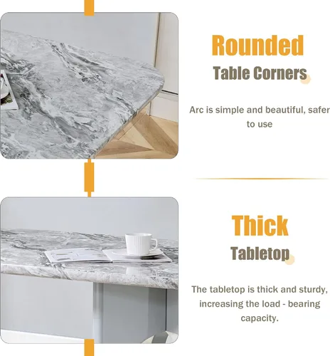 Vista 4 de Moderno juego de mesa rectangular para 4, mesa grande de mármol sintético gris de 71 pulgadas con base de metal con marco hueco, y 4 sillas