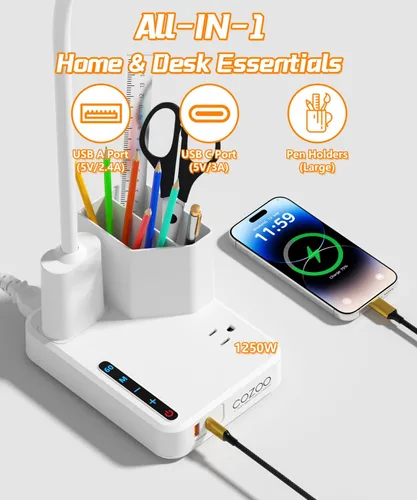 Vista 5 de Lámpara de Escritorio, Lámparas de Escritorio LED para Oficina en Casa con 2 Puertos de Carga USB/Toma de Corriente/Organizador, Lámpara