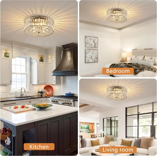 Vista 4 de Large Crystal Ceiling Light, 17.5" Black K9 Crystal Flush Mount Ceiling Light, 4-Light Round Luxury Light Fixture for Dining Room, Bedroom, Hotel