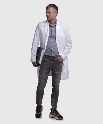 Vista 3 de Dr. James Abrigo de laboratorio profesional para hombre, ajuste a medida, cierre de cuatro botones, múltiples bolsillos, blanco, 39 pulgadas de largo