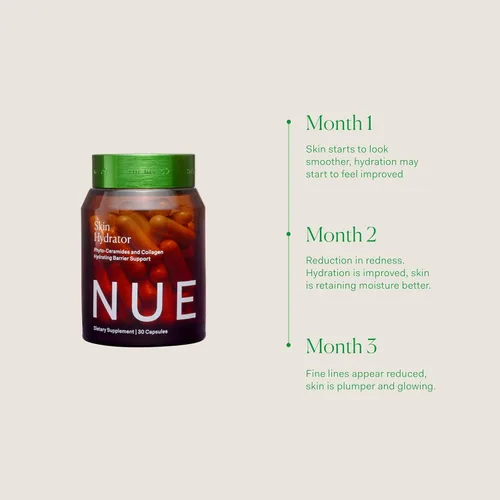 Vista 3 de The Nue Co. Suplemento HIDRATOR para la piel, contiene colágeno hidrolizado, aloe y ácido hialurónico, sin gluten, 30 cápsulas