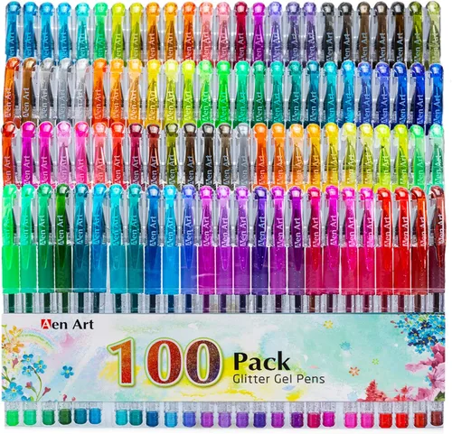 Vista 8 de Bolígrafos de gel con purpurina con estuche para libros de colorear para adultos, juego de 100 colores con purpurina con un 30% más de tinta de neón