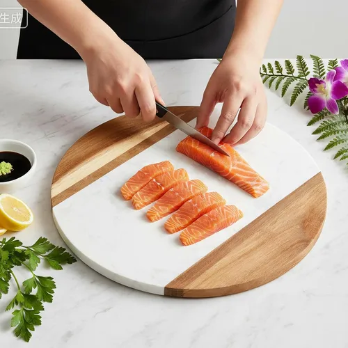 Vista 7 de Okllen Tabla de queso de mármol de 12 pulgadas y tabla de servir de madera de acacia, bandeja redonda de mármol hecha a mano para queso, embutidos