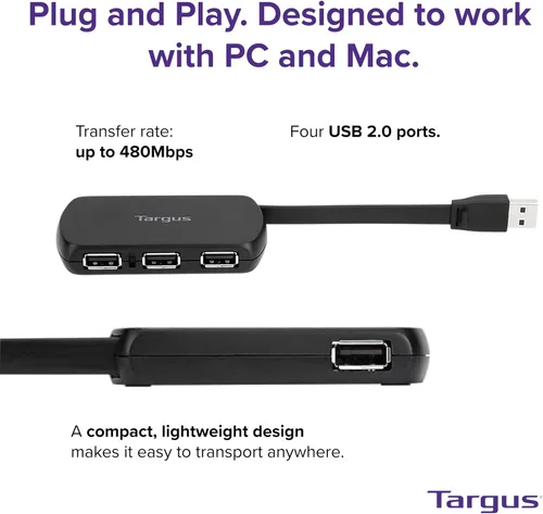 Vista 4 de Targus Concentrador USB 2.0 de 4 puertos, color negro, compatible con PC y Mac, elegante y apto para viajes (ACH114US)