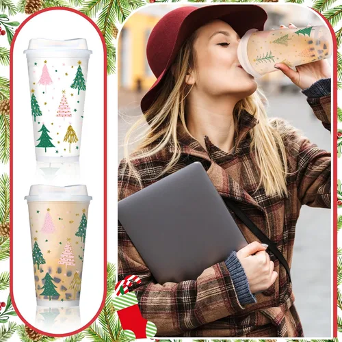 Vista 5 de Bokon 12 piezas de tazas de plástico transparente reutilizables de Navidad a granel, 16 oz, tazas de árbol de Navidad de estilo bohemio, tazas