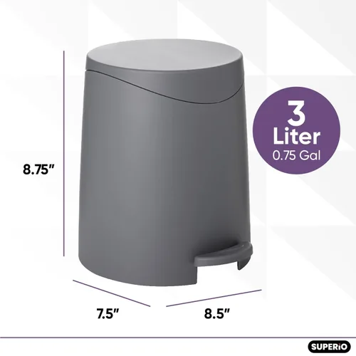 Vista 5 de Superio MIni - Cubo de basura con tapa de 3 litros, color gris, mini cubo de basura de plástico de 0.75 galones, moderno bote de basura con pedal