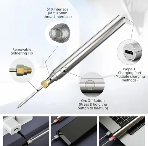 Vista 4 de SEQURE P15 Kit de soldador inalámbrico, soldador portátil USB de 5 V 15 W con batería recargable de 1100 mAh, bolígrafo de soldadura eléctrica con 3