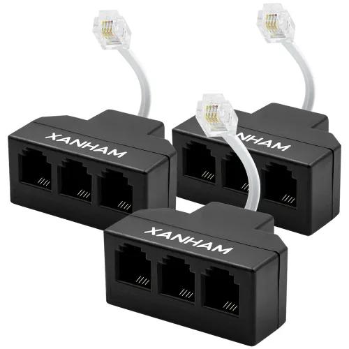 Vista 10 de Cable RJ11 Divisor de 3 vías, conector 6P4C, adaptador de cable de línea telefónica con cable de 3 pulgadas para cable de teléfono fijo, negro