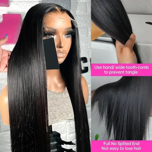 Vista 4 de Lemoda Peluca de encaje frontal completo de 13 x 6 pulgadas, pelucas de cabello humano lacio HD transparente de encaje sin pegamento, peluca