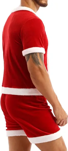 Vista 3 de Moily Traje de terciopelo de Papá Noel de terciopelo para hombre, manga corta, botones y bragas sueltas