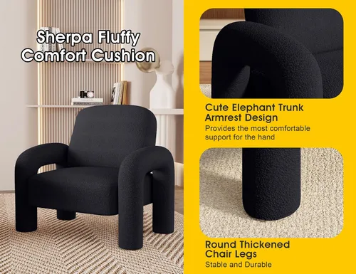 Vista 6 de Dewhut Silla moderna con acento Sherpa, sofá individual tapizado de estilo teddy, silla de lectura acogedora y esponjosa para sala de estar Negro