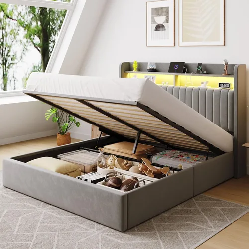 Vista 13 de SHA CERLIN - Estructura de cama de tamaño matrimonial con almacenamiento elevado/Luces LED/Estación de carga/Cabecero con estantes de 2 niveles/USB