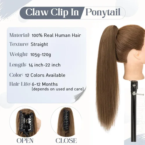 Vista 46 de Rich Choices Extensión de cola de caballo con clip de garra, cabello humano real, una pieza, extensiones de cabello largo Remy para mujer, #18P613