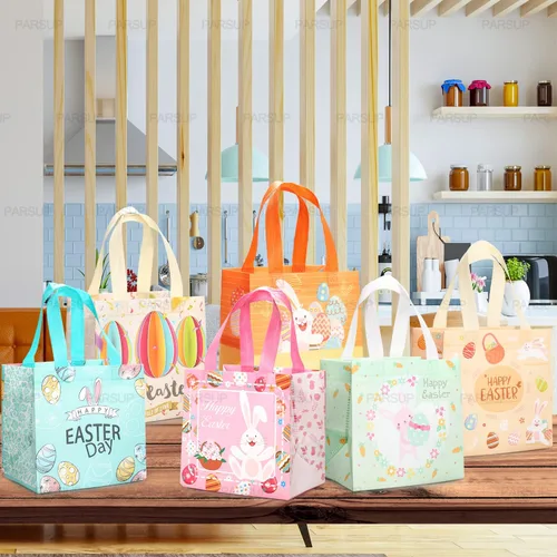 Vista 5 de PARSUP 6 bolsas multifuncionales no tejidas con asas, diseño de conejo de Pascua, zanahoria, pollito y zanahoria, suministros de fiesta de Pascua