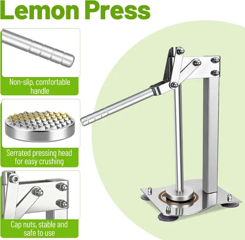 Vista 3 de Máquina trituradora de limones, trituradora manual de limón resistente, exprimidor de prensa de limón de acero inoxidable con base ampliada