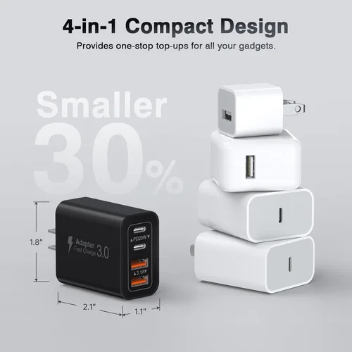Vista 5 de Bloque de cargador USB C de 40 W, paquete de 2 ladrillos de carga rápida de 4 puertos tipo C, adaptador de enchufe de pared dual PD&QC, ladrillo