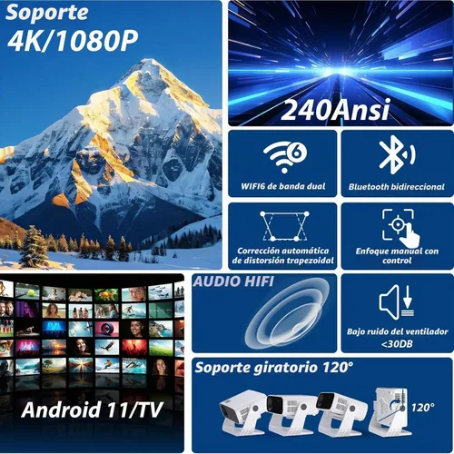 Vista 3 de Wielio Proyector inteligente 2026 Android TV con WiFi 6 y Bluetooth 5.0