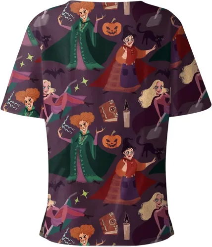 Vista 3 de Halloween Scrubs Print Scrub Tops for Women Breathable Pumpkin Bat Ghost Skull Pattern V-Neck Tee Tops with Pockets