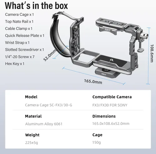 Vista 9 de SIRUI Jaula para cámara Sony FX 3 FX30 con abrazadera de cable para correa de muñeca para riel HDMI NATO, placa QR para Arca-Swiss, compatible
