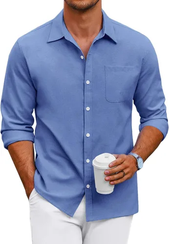 Vista 16 de COOFANDY Camisa Oxford de manga larga con botones para hombre, camisas de vestir de ajuste regular