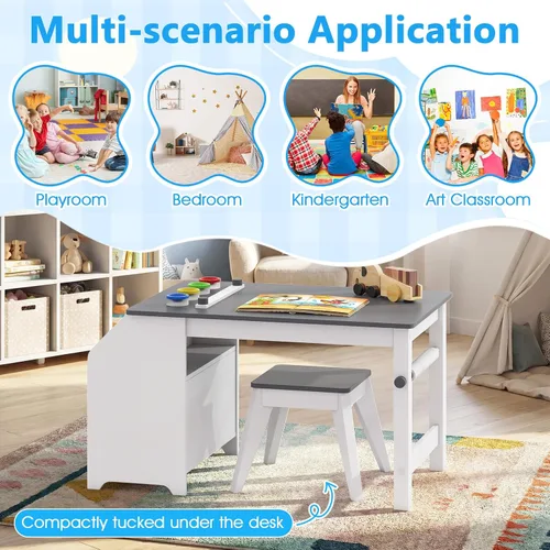 Vista 6 de Costzon Mesa y sillas de arte para niños, juego de escritorio de actividades de madera con rollo de papel, 4 tazas de pintura, estantes de Gris