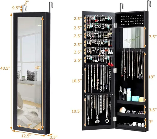 Vista 7 de Giantex Armario de joyería montado en la pared con espejo de longitud completa, organizador de joyas con espejo de maquillaje, ranuras para aretes