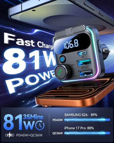 Vista 4 de JOYROOM 81W Bluetooth 6.0 Adaptador de coche Transmisor de radio FM inalámbrico [PD45W & QC36W] Fast Charge, Dual Mics for Clear Call, HiFi Deep