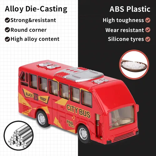 Vista 2 de KIDAMI Juego de Coches y Autobuses de Juguete de Metal Fundido a Presión, Escala 1:64, Vehículos de Autobús Urbano de Dos Pisos, Coches de Retroceso