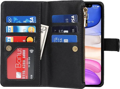 Vista 5 de Funda cruzada para iPhone 11 con correa, 6.1 pulgadas, color negro for Women Men,Credit Card Holder,9 Card Slots,Purse,Long Shoulder Lanyard,Short