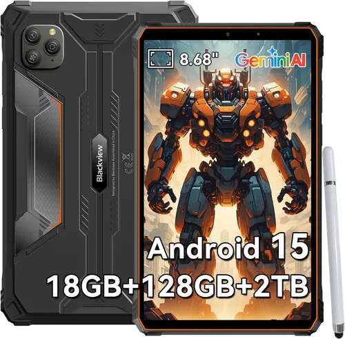 Vista 14 de Blackview Tablet resistente de 9 pulgadas, Android 15 tableta impermeable con Gemini AI, 18GB+128GB TF 2TB, 180Hz, IP68/IP69K, MIL-STD-810H a prueba