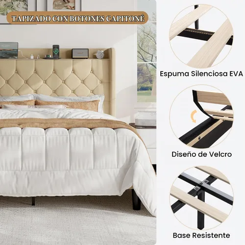 Vista 8 de SHA CERLIN Base de cama de plataforma de tamaño matrimonial con estación de carga, cabecera de lino con estante de almacenamiento, soporte