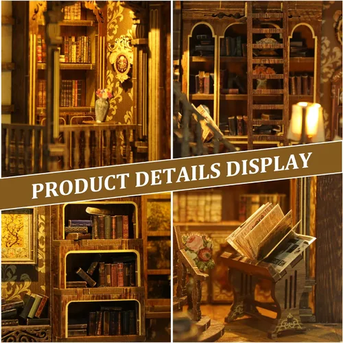 Vista 4 de SUNNINO Kit de Rincón de Libros - Kit de Casa de Muñecas en Miniatura DIY, Rompecabezas 3D de Madera con Luz LED, Kits de Rincón de Libros