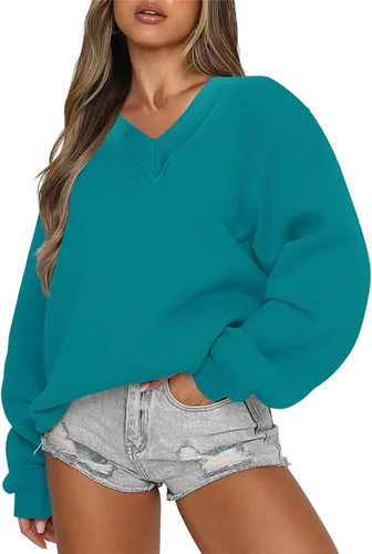 Vista 2 de LAMISSCHE Womens Oversized V Neck Sweatshirt Casual Loose Long Sleeve Pullover Daily Workout Lightweight Cute Tops