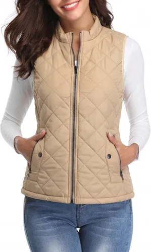 Vista 21 de Fuinloth Women's Quilted Vest Lightweight Puffer Stand Collar Zip Gilet Beige