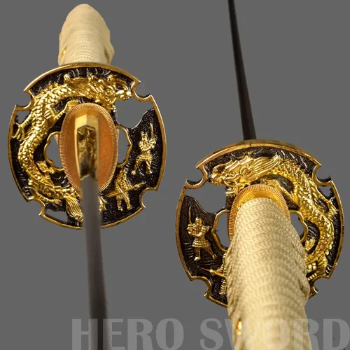 Vista 7 de Espada samurái japonesa hecha a mano con hoja de oro, grabado a mano, Katana de dragón dorado, espiga completa, afilada, puede cortar árboles