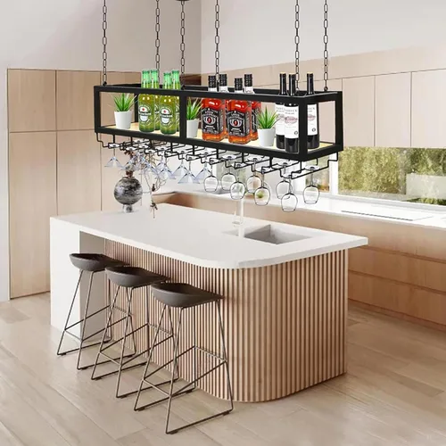 Vista 4 de Estante de techo para copas de vino, estante colgante de vino de altura ajustable, estante flotante de bar industrial, soporte para copas de vino
