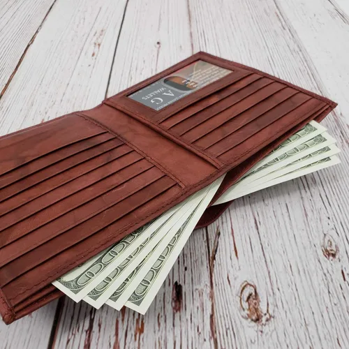 Vista 7 de AG Wallets Billetera de cuero de vaca RFID para hombre, estilo europeo, hipster, 1 ventana de identificación, Borgoña, Cartera Rfid