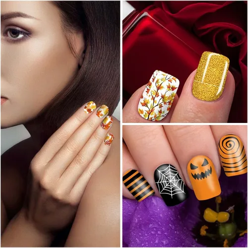 Vista 5 de SILPECWEE 8 hojas de envolturas de uñas de Halloween para mujer, diseño de otoño, tiras adhesivas de esmalte de uñas de gel autoadhesivas con lima