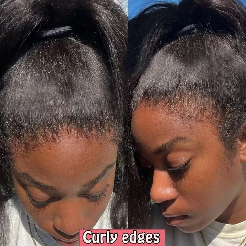Vista 4 de Pelucas de cabello humano lacio con encaje transparente HD 360 frontal con cabello de bebé rizado, cabello virgen brasileño, bordes rizados, línea