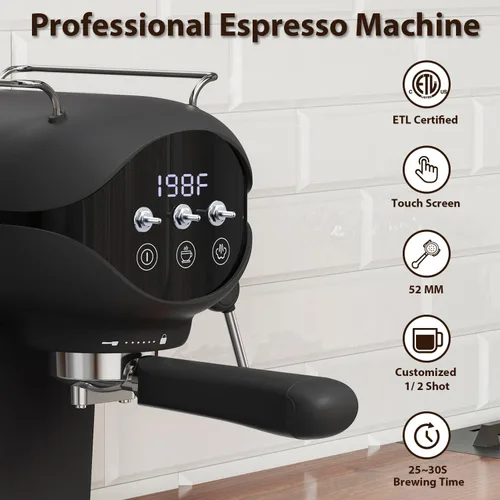 Vista 3 de Cafetera Espresso con espumador de leche a vapor semiautomática de 20 bares, diseño compacto en negro con interruptor de palanca para café espresso